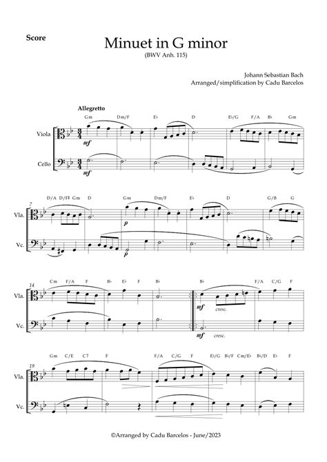 Minuet In G Minor Bwv Anh 115 Bach Viola And Cello Chords Arr Cadu Barcelos Sheet Music