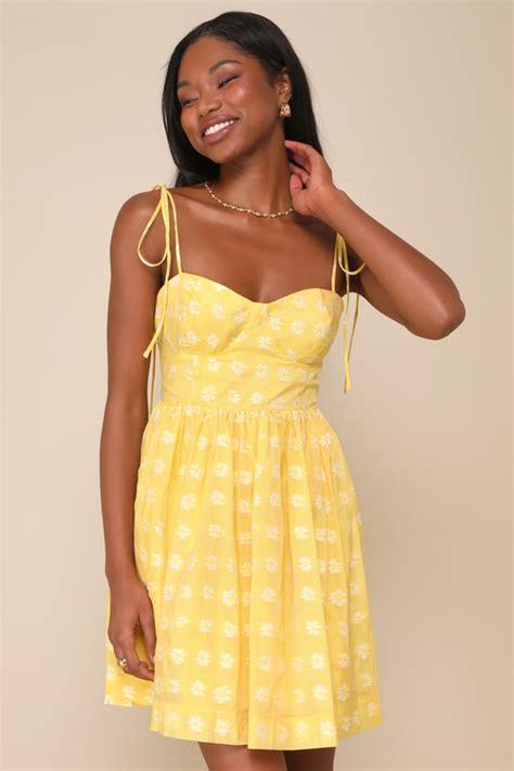 Yellow Embroidered Dress Floral Tie Strap Dress Mini Dress Lulus