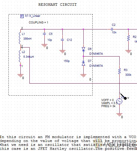 Fm Modulator With Vco Implemted With Jfet Hartley Oscillator And Varactor Youspice