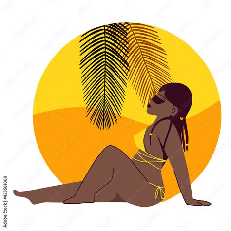 Beautiful African American Plus Size Model Tans In Yellow Bikini Vector Flat Illustration