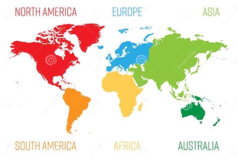 World Map Divided Into Six Continents Each Continent In Different Color Stock Vector