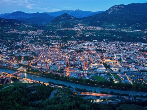 Trento City Aerial Panoramic View Night City Lights View From Above In