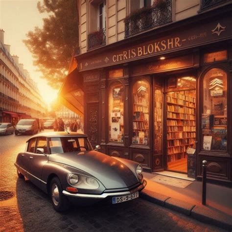 una librería de París al atardecer con un Citroen DS Tiburon arco en la