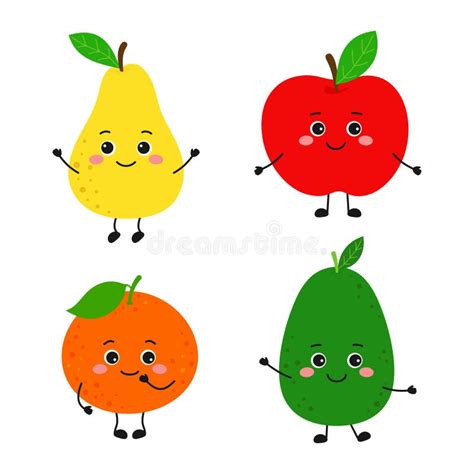 Set With Cute Cartoon Fruit Characters Isolaed On White Stock Vector Illustration Of