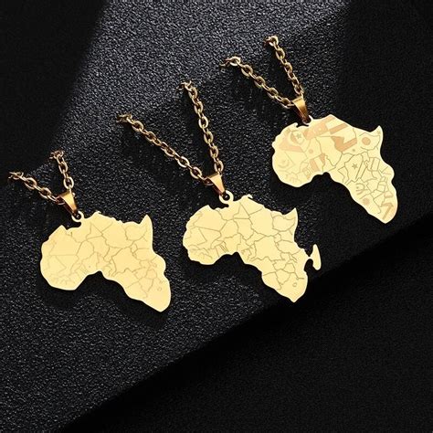 Africa Map Flag Pendant Necklaces Stainless Steel Goldsteel Color