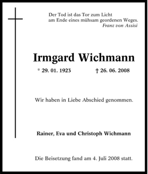 Traueranzeigen Von Irmgard Wichmann Trauer In Nrw De