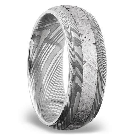 Torque Damascus Steel Mens Ring With Meteorite Inlay