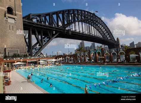 North Sydney Olympic Swimming Pool Sydney Harbour Bridge Stock Photo