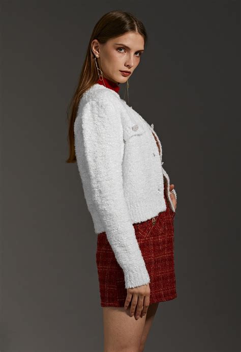 Pearly Button Shimmer Fuzzy Crop Cardigan In White Retro Indie And