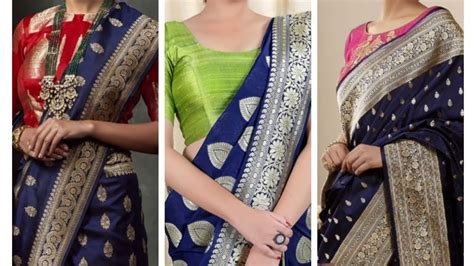 Contrast Blouse Color Ideas On Dark Blue Saree Youtube