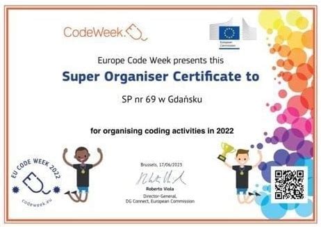 Certyfikat Super Organizatora Code Week 2022 r dla naszej szkoły