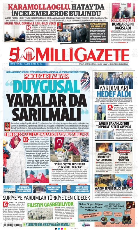 15 Şubat 2023 tarihli Milli Gazete Manşetleri