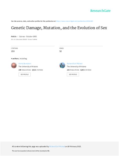 Pdf Genetic Damage Mutation And The Evolution Of Sex Henry Byerly