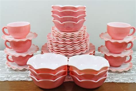 Hazel Atlas Pink Crinoline Glass Ruffled Dishes Trios Teacups Plates