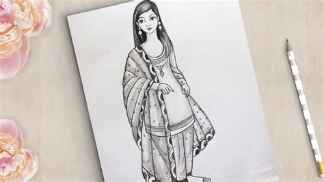 How To Draw A Girl With Beautiful Traditional Dress Easy Dress