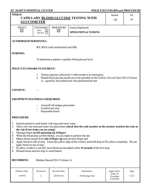 Capillary Blood Glucose Testing - ST. MARY'S HOSPITAL CENTER POLICY ...