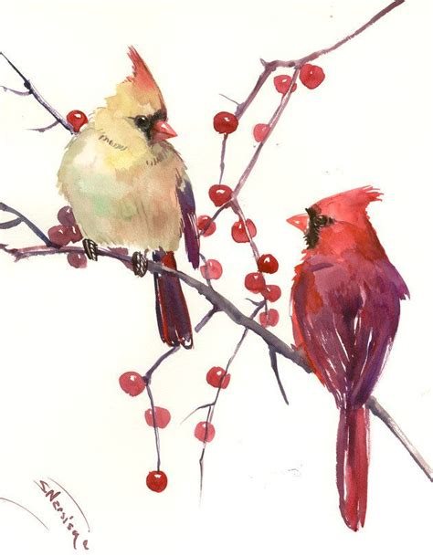 Female Cardinal Watercolor Painting Bird Print Art Collectibles