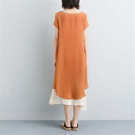 Fashion Linen Sundress Plus Size False Two Piece Short Sleeve Orange Plain Dress