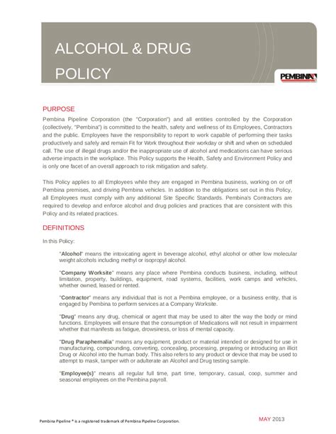 Printable Drug And Alcohol Policy Template