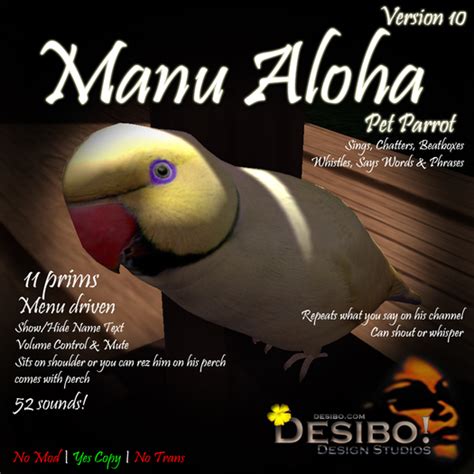 Second Life Marketplace - Animinimals Yellow Indian Ringneck Parrot