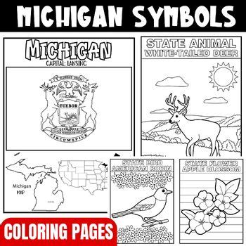 Michigan State Symbols Coloring Page | Flag - Map - State Flower,Bird ...