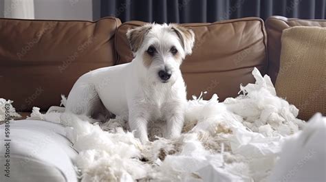 Fluffy Furry Pet Problem Bored Dog Destroys Sofa Cushions And Leaves