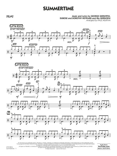 Summertime Arr Paul Murtha Drums By George Gershwin Sheet Music