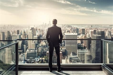 Un hombre con traje se para en un balcón mirando un paisaje urbano