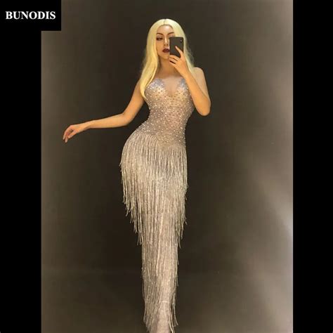 Bu425 Silver Women Sexy Long Tassel Skirt Sleeveless Sparkling Crystals Nightclub Party Stage