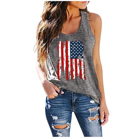 REORIAFEE American USA Flag Crop Tank Tops For Women T Shirt Patriotic