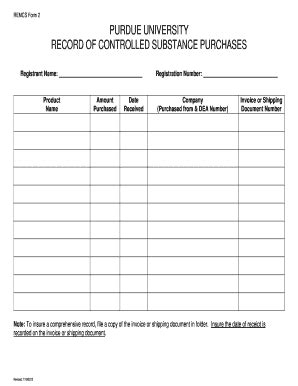 Fillable Online Purdue RECORD OF CONTROLLED SUBSTANCE PURCHASES