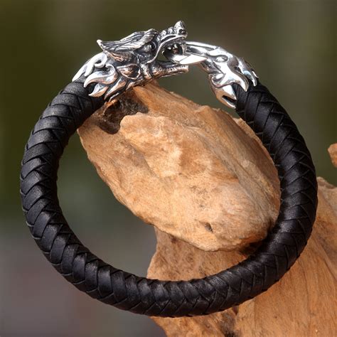 Men S Dragon Themed Leather Braided Wristband Bracelet Dragon King