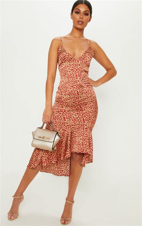 Red Leopard Print Frill Hem Midi Dress Best Wedding Guest Dresses