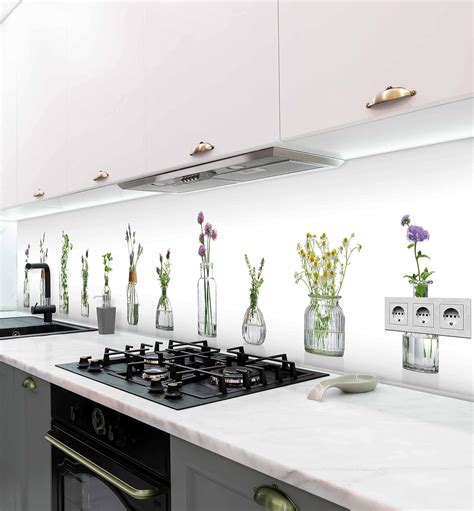 Mymaxxi Self Adhesive Kitchen Splashback Film No Drilling Required Motif Plants In Vase White