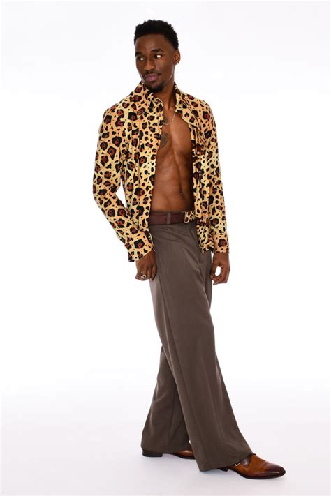 Mens S Leopard Print Button Up Stretch Long Sleeve Shirt Large