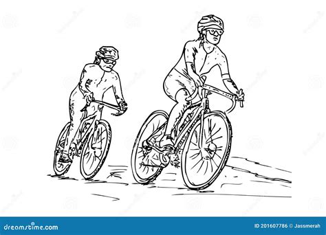 Vector Hand Draw Sketch A Group Of People Riding A Bicycle Stock