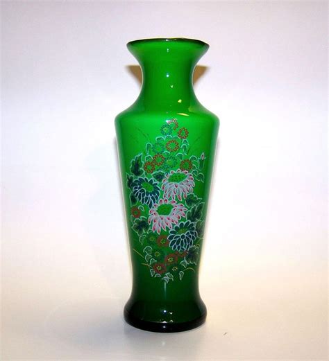 Vintage Bristol Green Glass Hand Painted Floral Vase For Sale On Ruby