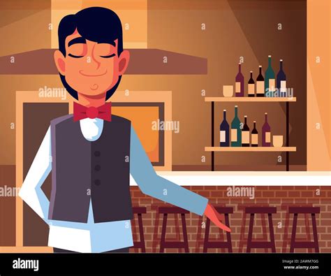 Man Professional Waiter Offering Red Wine In The Bar Vector