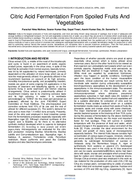 Pdf Citric Acid Fermentation From Spoiled Fruits And Vegetables Nima Mathew