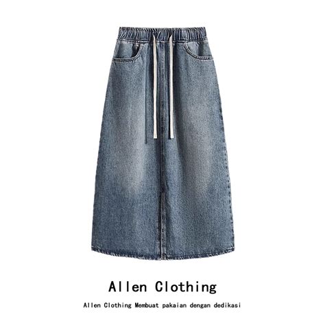 Jual Allen Clothing Rok Denim Belahan Pinggang Elastis Biru Impor Gaya