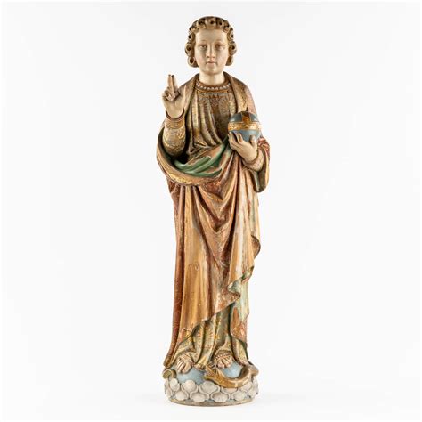 An Antique Wood Sculptured Figurine Of Salvator Mundi Holding A Globus