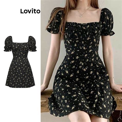 Lovito Casual Ditsy Floral Pleated Puff Sleeve Dress For Women L80ED265