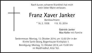 Traueranzeigen Von Franz Xaver Janker Sz Gedenken De