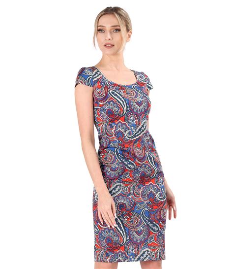 Rochie Conica Din Bumbac Elastic Imprimat Cu Motive Paisley Albastru