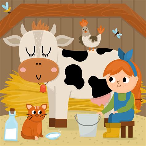 escena vectorial con lechera. granjera ordeñando vaca. niño lindo