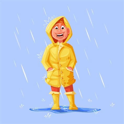 Menino Em Uma Capa De Chuva Amarela Na Chuva Cartoon Vetor Premium