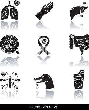 Viral And Infectious Diseases Drop Shadow Black Glyph Icons Set