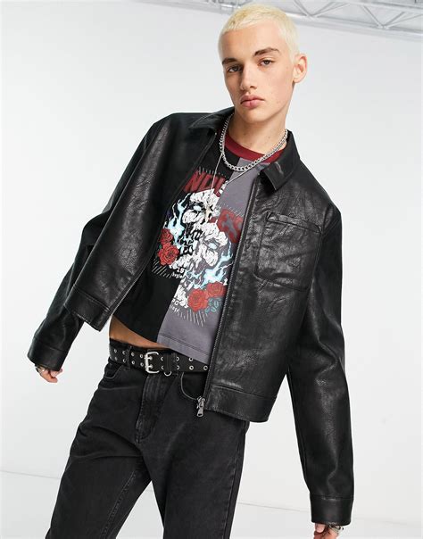 Asos Cropped Leather Look Jacket With Croc Effect In Black For Men Lyst