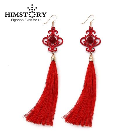 Himstory Chinese Retro Style Red Long Tassel Wedding Bridal Earring Birthday Party Festival Red