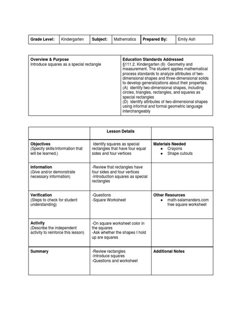 Square Lesson Plan Pdf Shape Rectangle